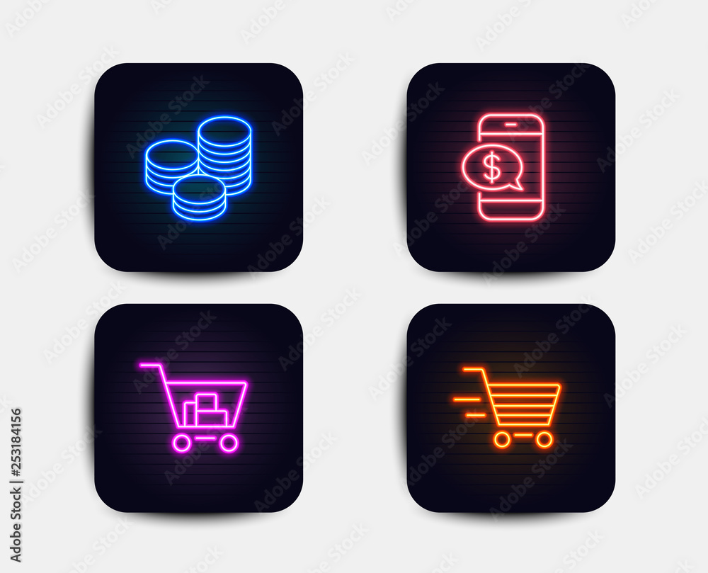 Neon glow lights. Set of Tips, Phone payment and Internet shopping icons. Delivery shopping sign. Cash coins, Mobile pay, Cart with purchases. Online buying. Neon icons. Glowing light banners. Vector Neon glow lights. Set of Tips, Phone payment and Internet shopping icons. Delivery shopping sign. Cash coins, Mobile pay, Cart with purchases. Online buying. Neon icons. Glowing light banners. Vector