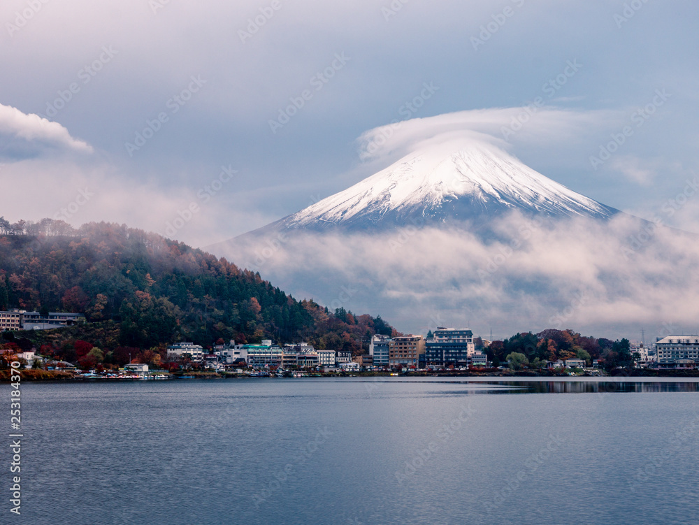 Mt. Fuji and autumn foliage at Lake Kawaguchi. in the morning , Japan