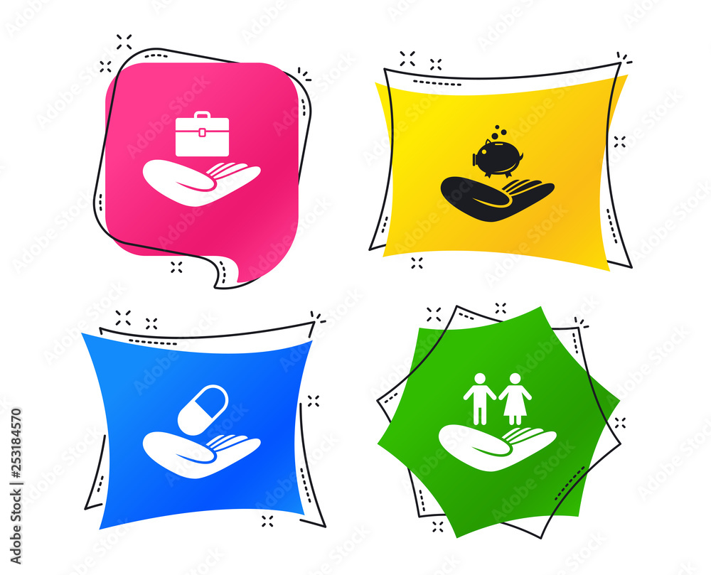 Helping hands icons. Protection and insurance symbols. Financial money savings, health medical insurance. Human couple life sign. Geometric colorful tags. Banners with flat icons. Trendy design