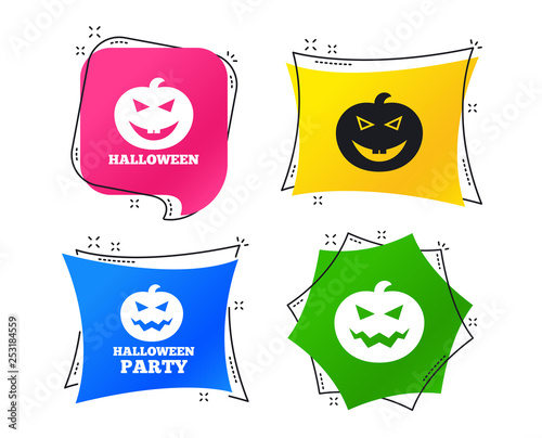 Halloween pumpkin icons. Halloween party sign symbol. All Hallows Day celebration. Geometric colorful tags. Banners with flat icons. Trendy design. Vector