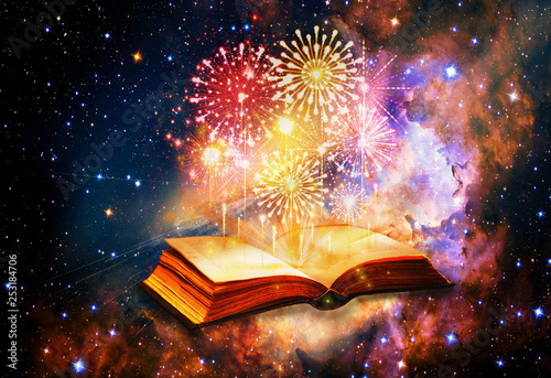 Artistic Magical 3d Computer Generated Illustration Of A Multicolored Beautiful Fireworks Coming Out Of An Ancient Magical Book In a Galactic Artwork