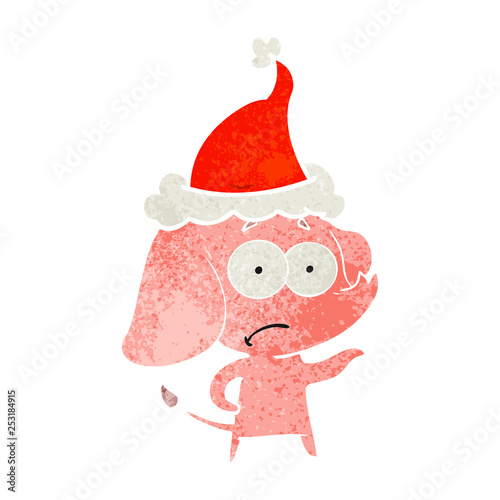 retro cartoon of a unsure elephant wearing santa hat