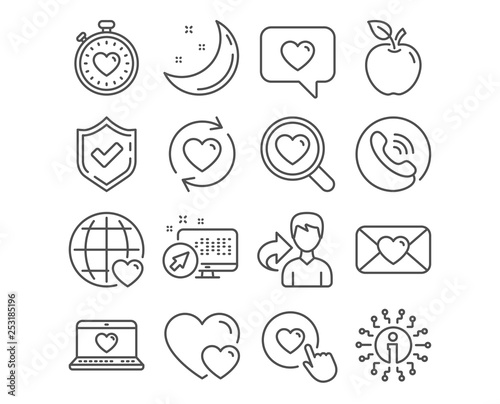 Set of Web love, Update relationships and Valentine icons. Hearts, Search love and Like button signs. Heartbeat timer symbol. Social network, Romantic relationships, Dating service. Internet dating