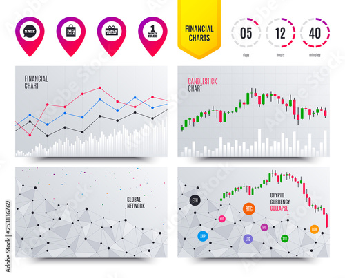 Financial planning charts. Sale speech bubble icon. Black friday gift box symbol. Big sale shopping bag. First month free sign. Cryptocurrency stock market graphs icons. Trendy design. Vector