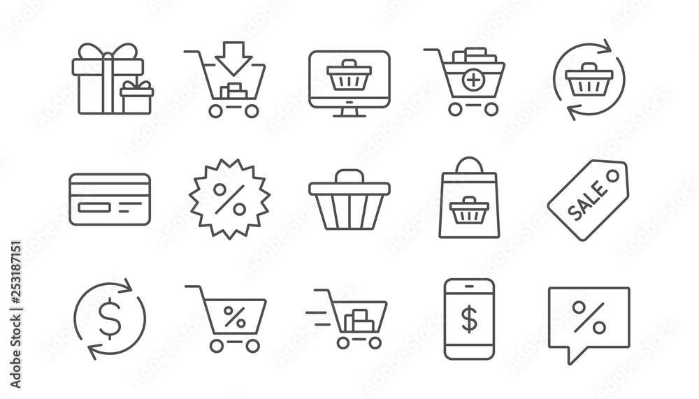Shopping bag line icons. Gift, Present and Sale discount. Delivery linear icon set.  Vector