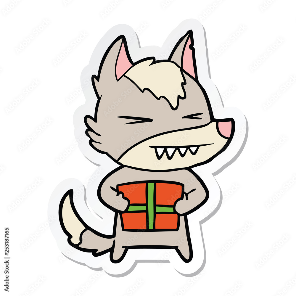 sticker of a angry christmas wolf cartoon sticker of a angry christmas wolf cartoon