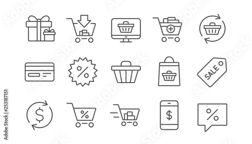 Shopping bag line icons. Gift  Present and Sale discount. Delivery linear icon set.  Vector