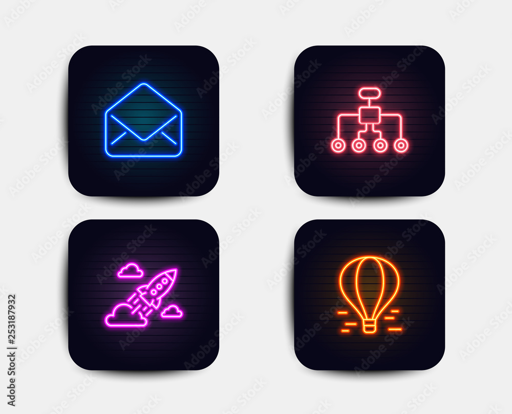 Neon glow lights. Set of Mail, Restructuring and Startup rocket icons. Air balloon sign. E-mail, Delegate, Business innovation. Flight travel. Neon icons. Glowing light banners. Vector Neon glow lights. Set of Mail, Restructuring and Startup rocket icons. Air balloon sign. E-mail, Delegate, Business innovation. Flight travel. Neon icons. Glowing light banners. Vector