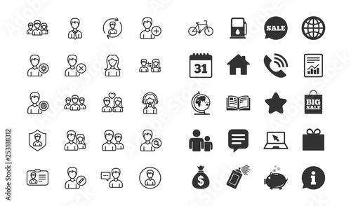 Users line icons. Male and Female Profiles, Group and Support signs. ID card, Teamwork and Businessman symbols. Couple love, Security and Human Management. Information, calendar and call phone icons