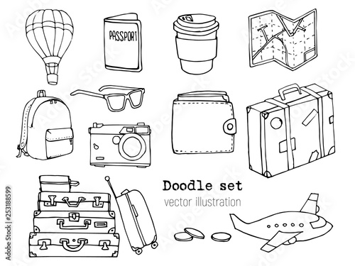 Set of cute hand drawn travel doodle. Vacation or Time to Travel concept. Tourism and trip sketch cartoon elements. Map, suitcase, airplane, camera, passport, tickets, smartphone. Vector illustration.