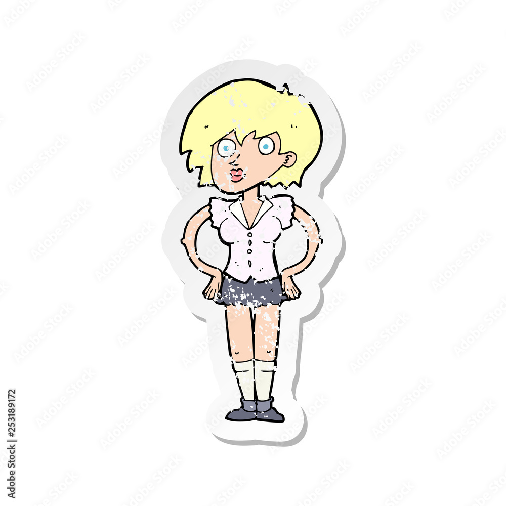 retro distressed sticker of a cartoon surprised woman with hands on hips retro distressed sticker of a cartoon surprised woman with hands on hips