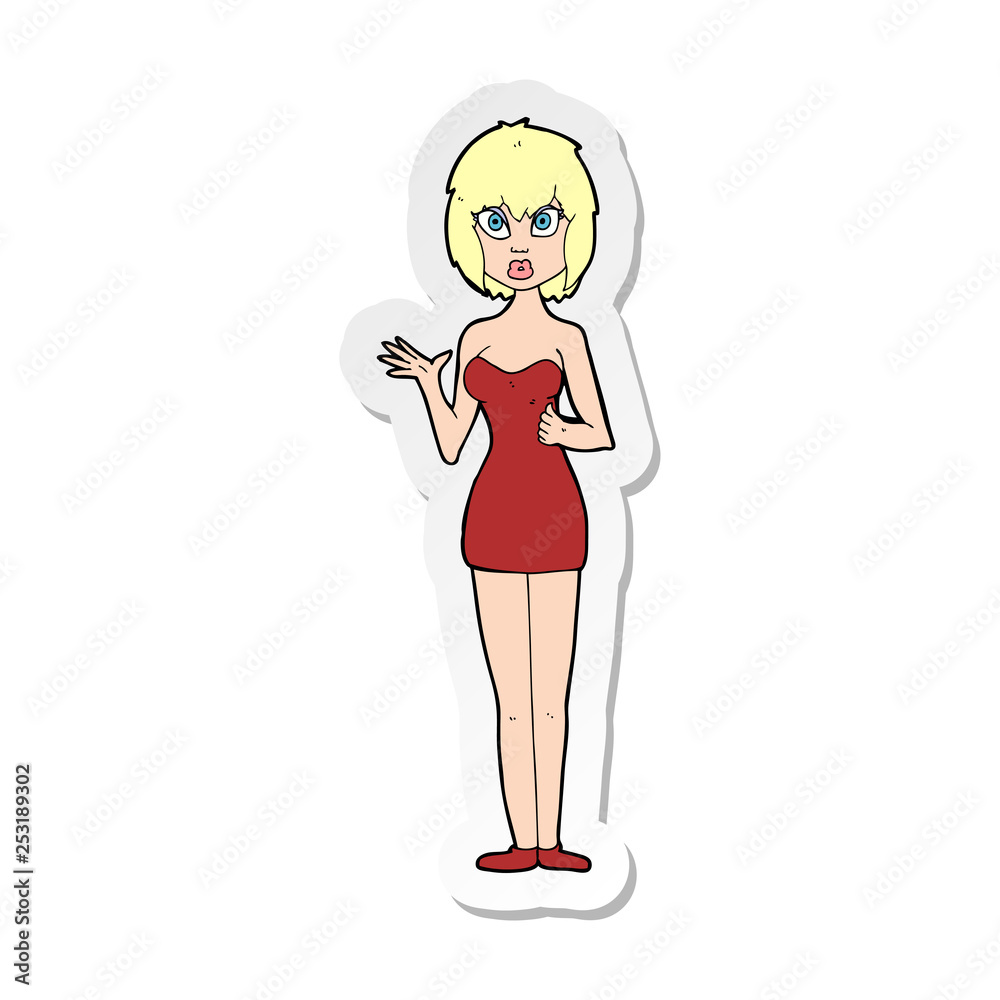 sticker of a cartoon confused woman in cocktail dress sticker of a cartoon confused woman in cocktail dress