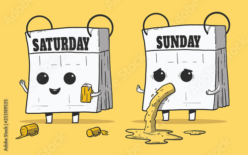 Calendar characters partying vector illustration. Party, weekend, alcohol, calendar design concept
