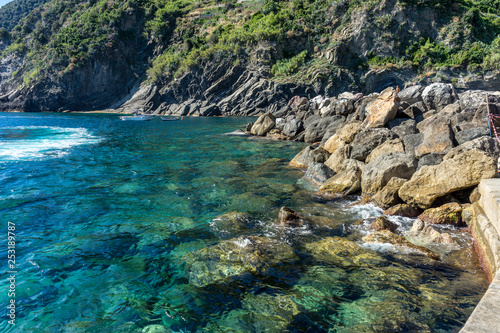 Italy, Cinque Terre, Vernazza, ROCK FORMATION IN SEA © SkandaRamana
