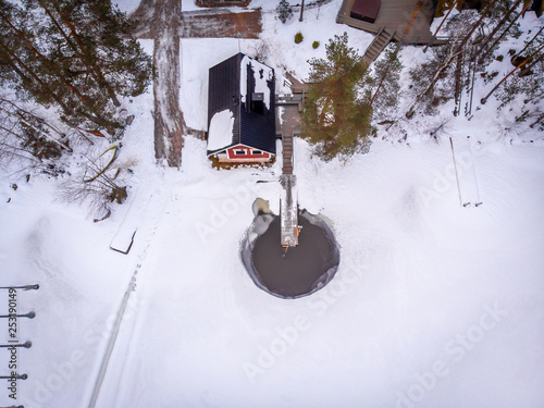 Aerial view of lake house in Finalnd in winter photo