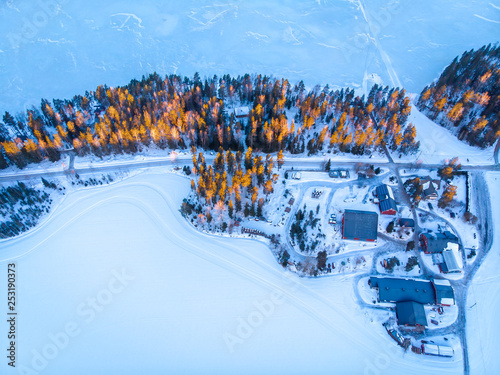 Aerial view of lakes in Finalnd in winter photo