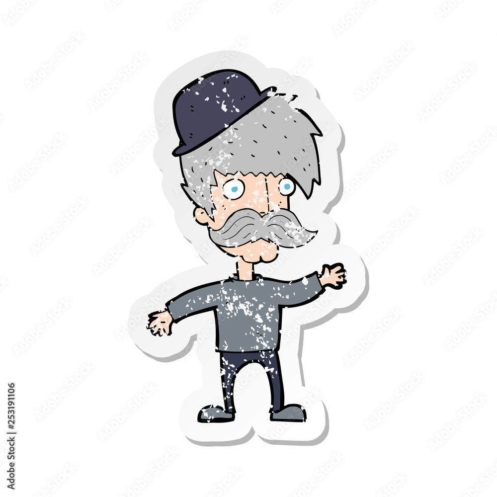 retro distressed sticker of a cartoon man wearing bowler hat