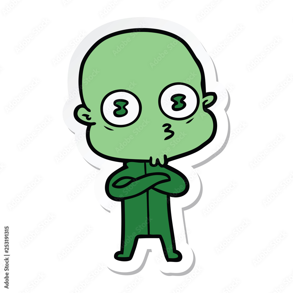 sticker of a cartoon weird bald spaceman