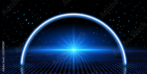 Cosmic background with fantastic hyperspace, neon arch and space portal into another dimension.Virtual reality fantastic landscape with binary code.