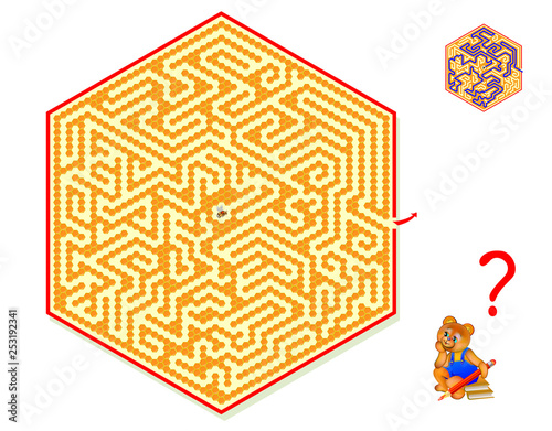 Logic puzzle game with labyrinth for children and adults. Help the bee find the way out of the honeycomb and draw the line. Printable worksheet for baby book. Vector cartoon image.