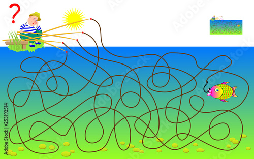 Logic puzzle game with labyrinth for children and adults. Find by which fishing rod fisherman has caught the fish. Printable worksheet for brainteaser book. Vector cartoon image.