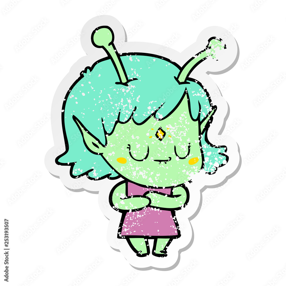 Naklejka premium distressed sticker of a cartoon alien girl