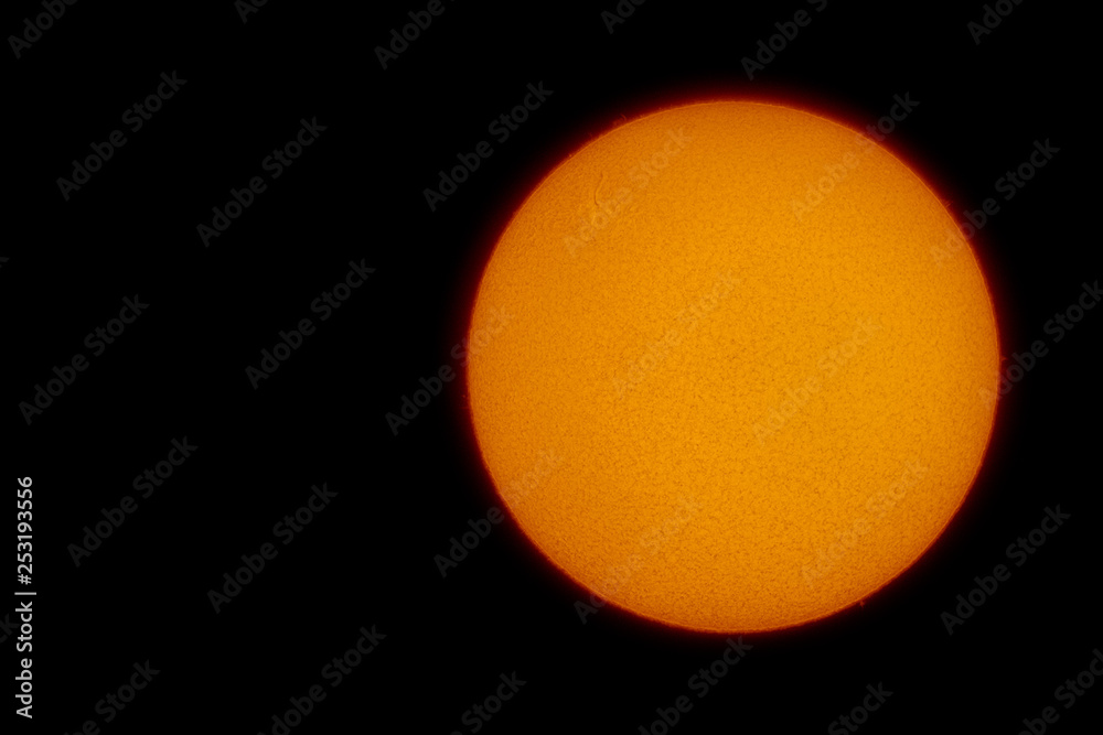 The grain-like surface of the sun with solar flares photographed on February 16, 2019, with an H-alpha solar telescope from Mannheim in Germany.
