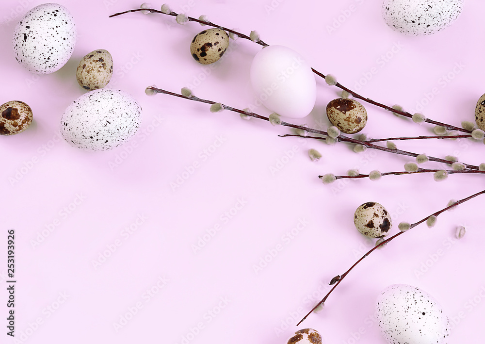 Fototapeta premium Easter. Easter eggs on a purple neon background. Next to the willow. Selective focus, toning, blur.