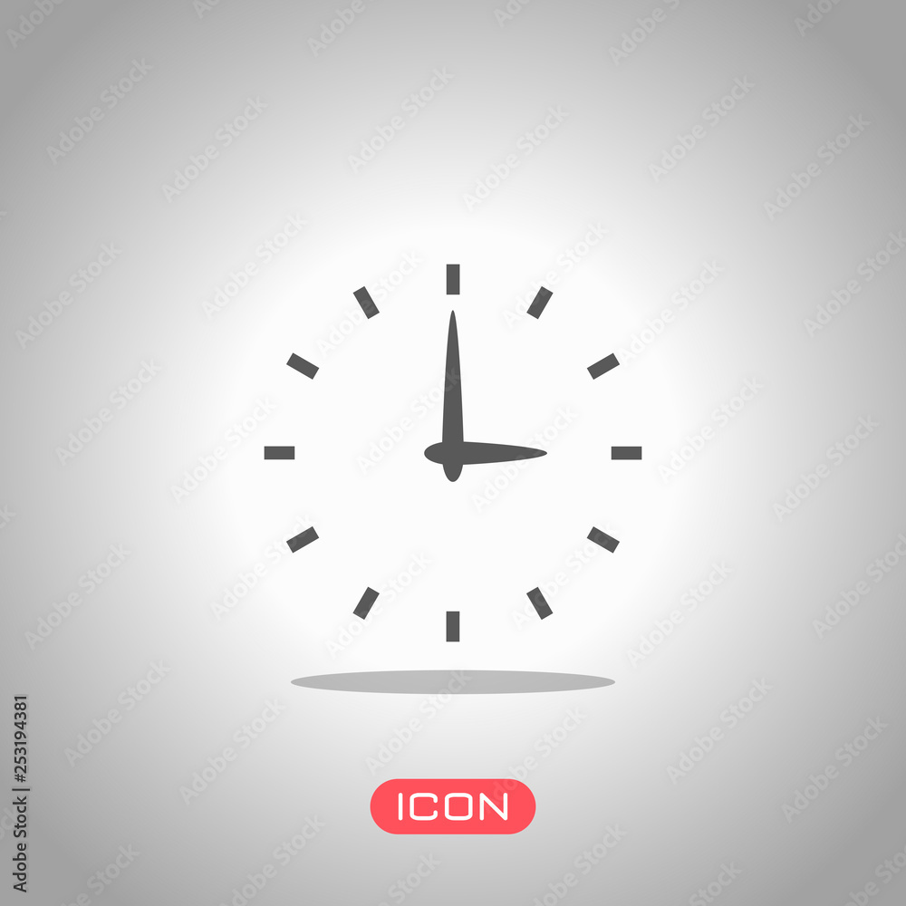 Simple icon of clock. Icon under spotlight. Gray background Simple icon of clock. Icon under spotlight. Gray background