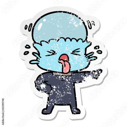 distressed sticker of a disgusted cartoon alien