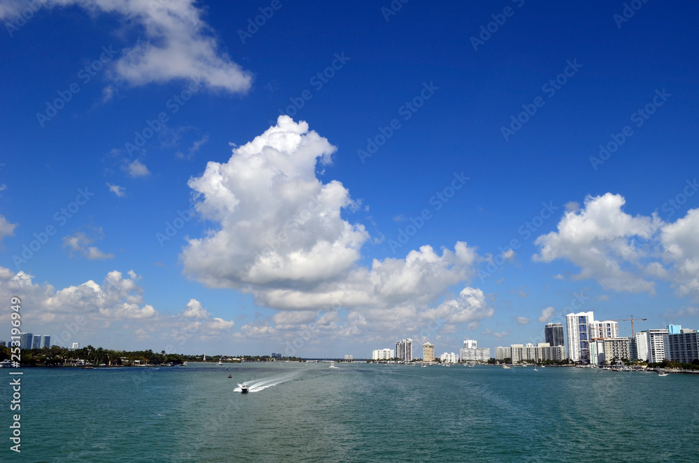 Panoramic  wide angled view of the florida intra-coastal waterway and luxury condos of Miami Beach over looking the waterway.