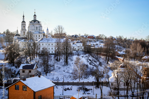 View of the Chernoostrovsky Orthodox convent in winter in the city of Maloyaroslavets, Russia - February 2017 photo