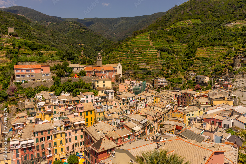 Italy, Cinque Terre, Vernazza, Vernazza, HIGH ANGLE VIEW OF HOUSES AND TREES IN TOWN