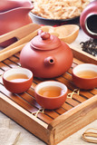Chinese tea set on bamboo tray