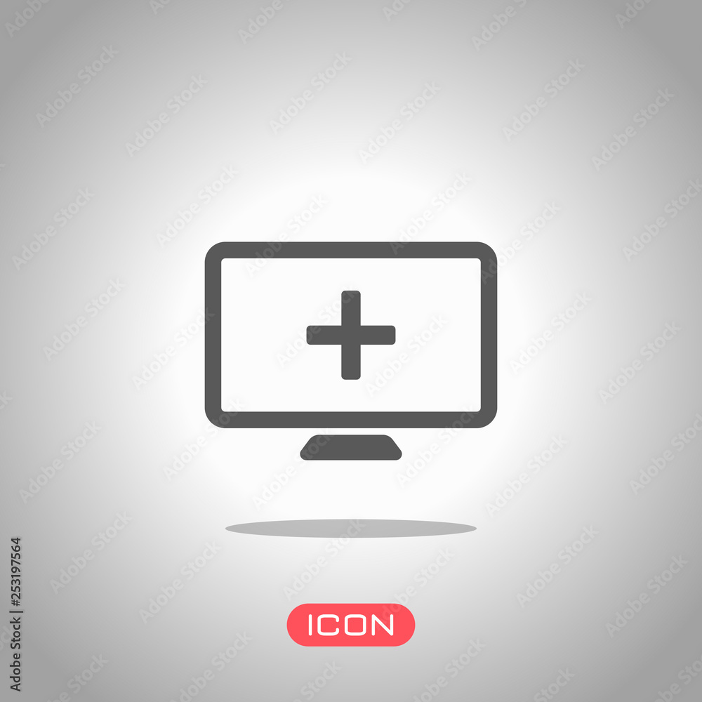 computer and medical cross, medical site. simple icon. Icon under spotlight. Gray background computer and medical cross, medical site. simple icon. Icon under spotlight. Gray background