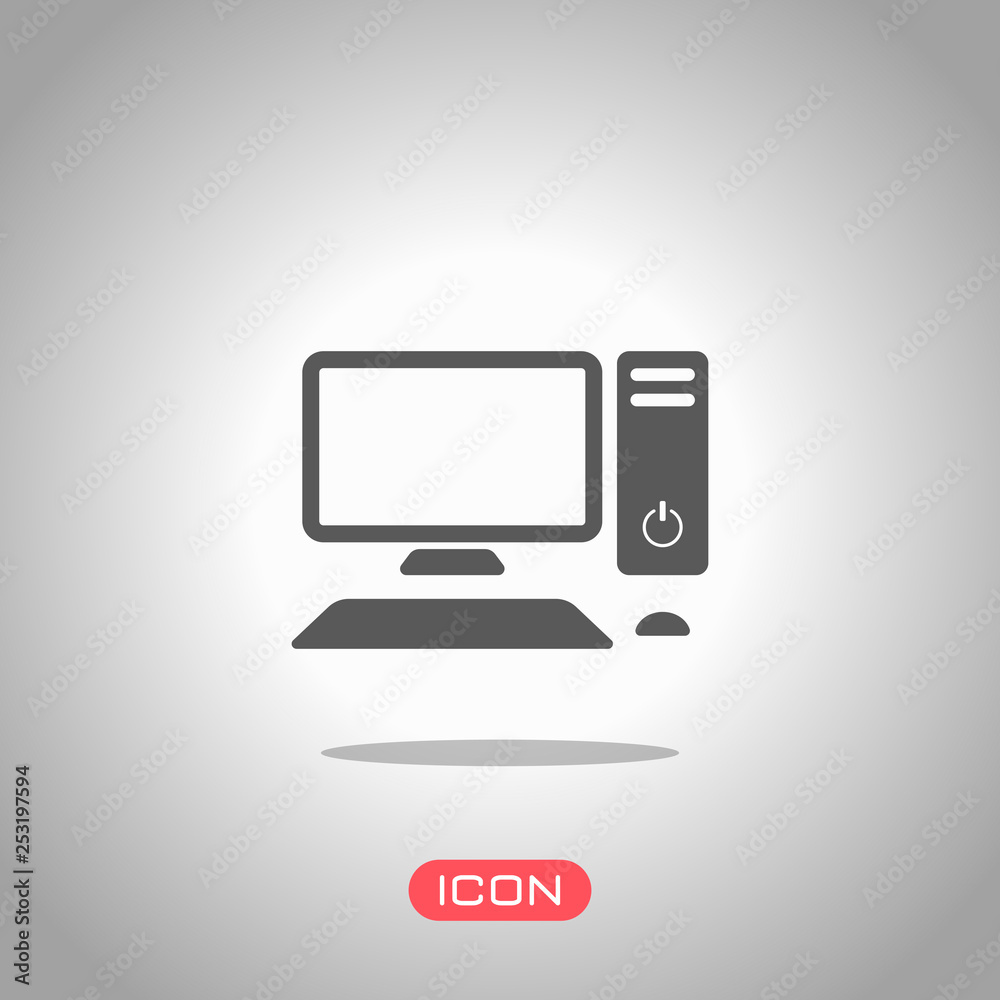 Personal computer, pc. System unit, monitor, keyboard and mouse. Icon under spotlight. Gray background Personal computer, pc. System unit, monitor, keyboard and mouse. Icon under spotlight. Gray background