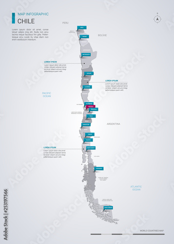 Chile vector map with infographic elements, pointer marks.