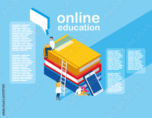 online education mini people with smartphone and ebooks