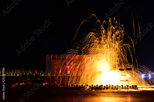 Molten steel in the high temperature melt splashing sparks