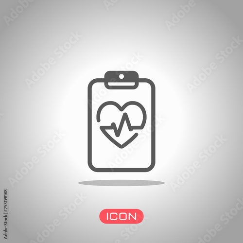 Medical clipboard. Tablet, paper, heart and pulse line. Cardiology report blank. Linear icon with thin outline. Icon under spotlight. Gray background