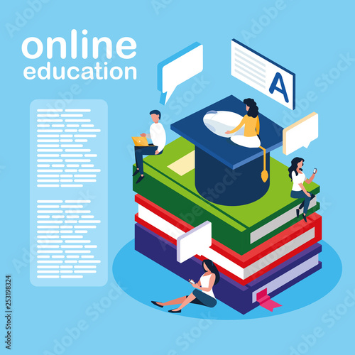 online education mini people with ebooks and graduation hat