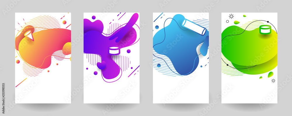 Set abstract colorful liquid geometric shape. fluid gradient design for banner, card, brochure. Isolated waves. Vector illustration