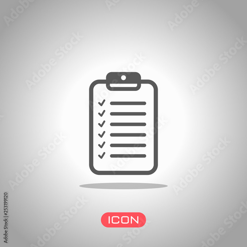 Tablet and paper, checklist with check marks. Linear, thin outline. Icon under spotlight. Gray background © fokas.pokas