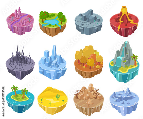 Island game vector cartoon landscape interface design on computer illustration isometric set fantasy trees mountains volcano and waterfall isolated on white background