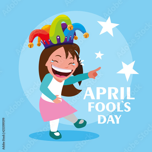 happy girl with joker hat april fools day card