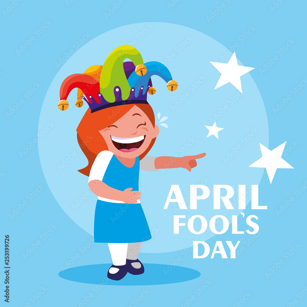 happy girl with joker hat april fools day card