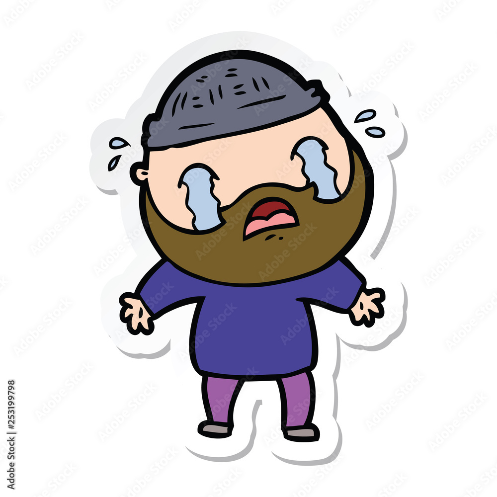 sticker of a cartoon bearded man crying