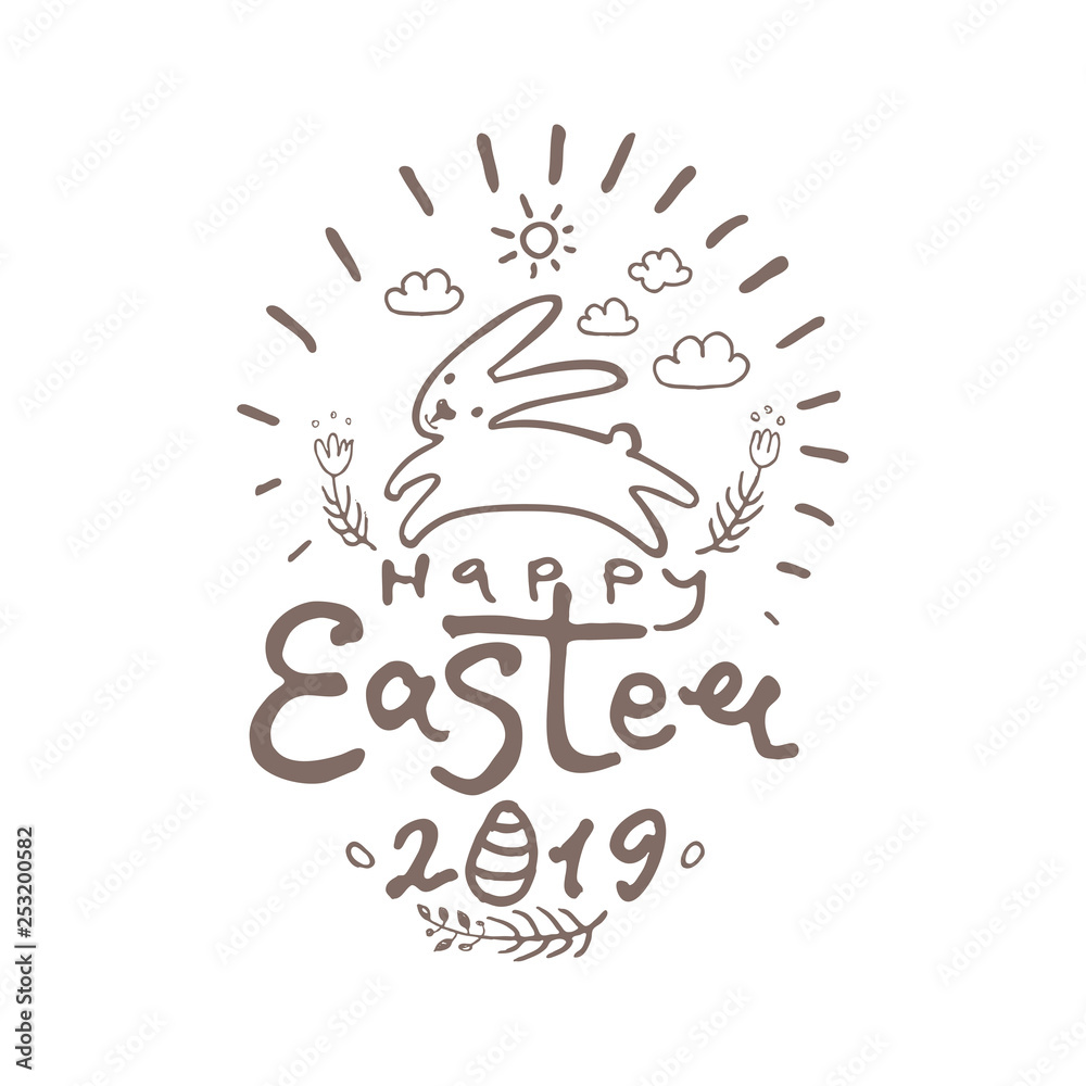 Obraz Happy Easter 2019. Vector template with lettering and Easter bunny jumping. Line art graphics pattern.