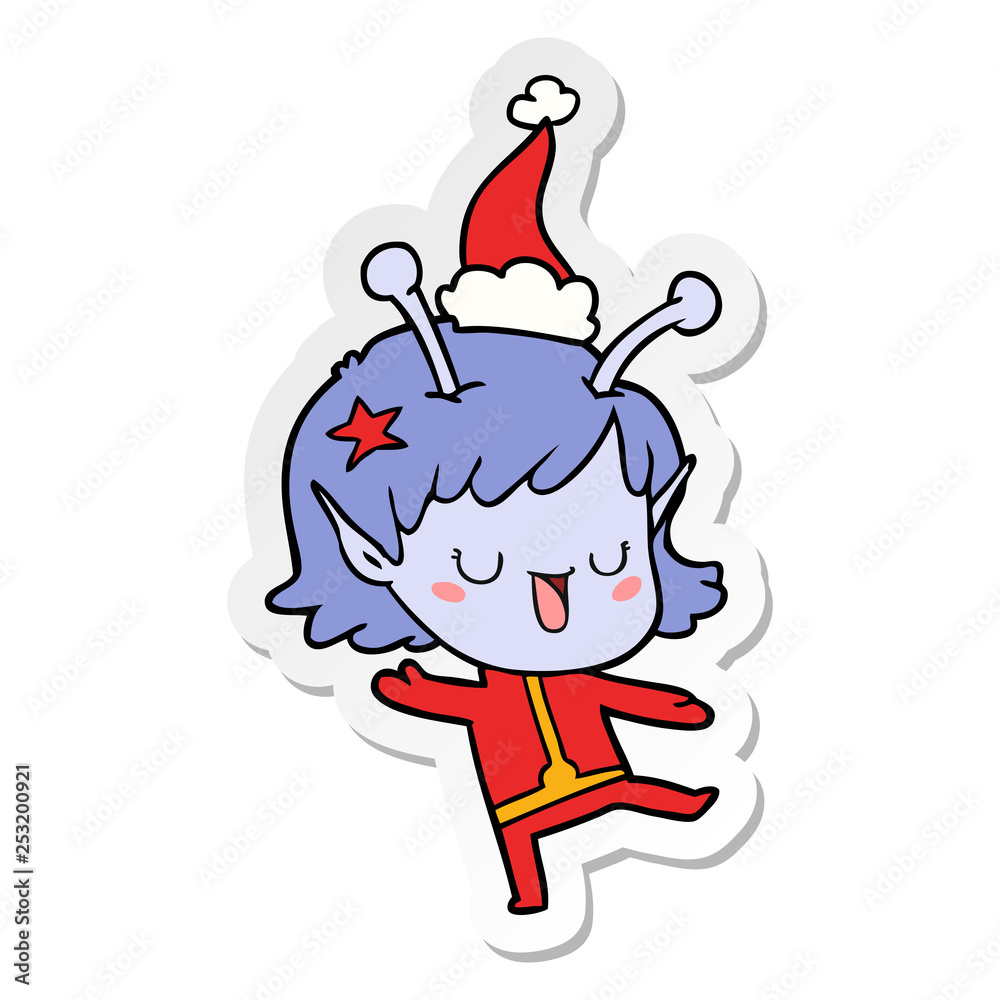 happy alien girl sticker cartoon of a wearing santa hat happy alien girl sticker cartoon of a wearing santa hat