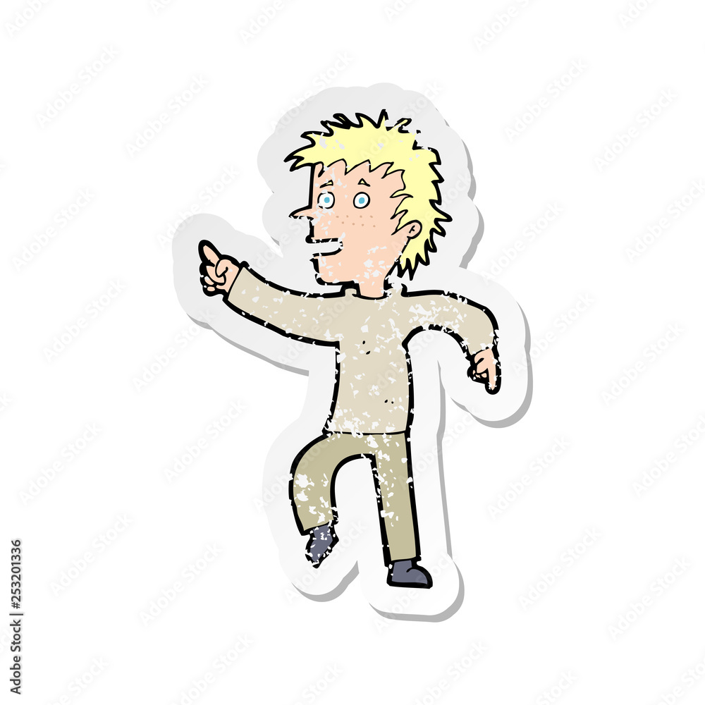 retro distressed sticker of a cartoon happy man pointing